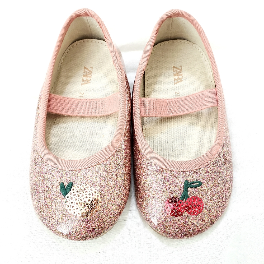 Zara Baby Sparkle Cherry Sequin Pink Mary Jane Shoes Size 21